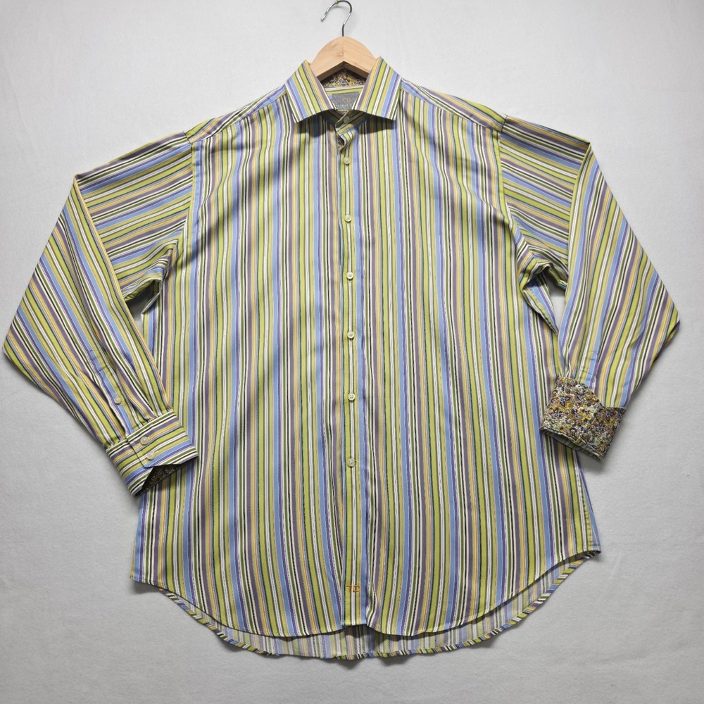 Thomas Dean‎ Men's Striped Long Sleeve Flip Cuff Button Up Shirt Size Large
